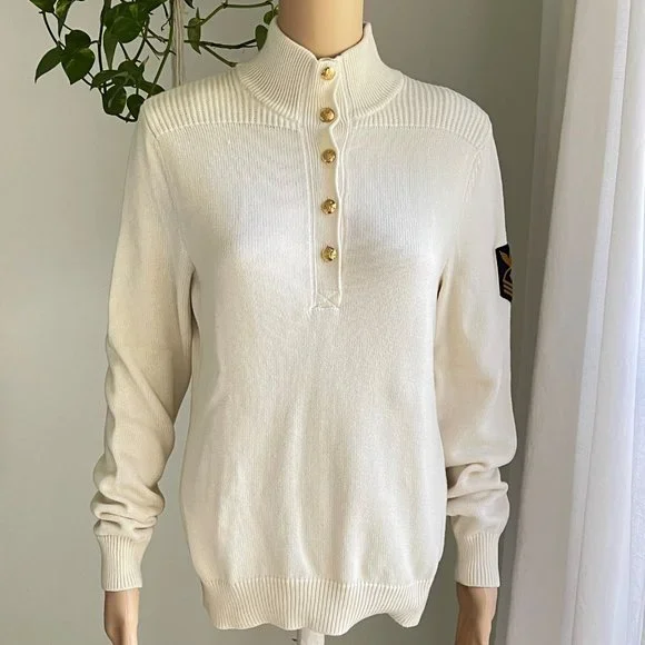 Ralph Lauren Lauren Jeans Co Cream & Navy Military Patch Pullover Sweater Large - Picture 4 of 11